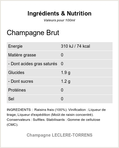 Champagne Brut - Ingrédients et Nutrition  Champagne Brut - Ingrédients et Nutrition